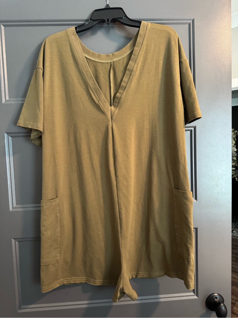 Casual V-Neck Short Sleeve Romper in Olive